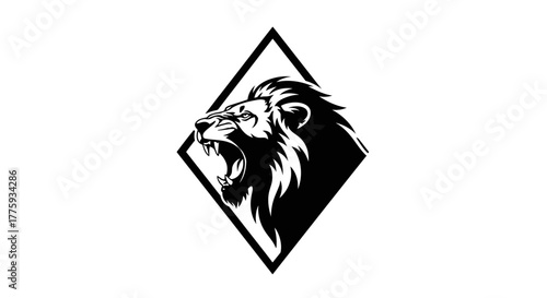 Black and white lion head logo with open mouth in a diamond shape on a white background