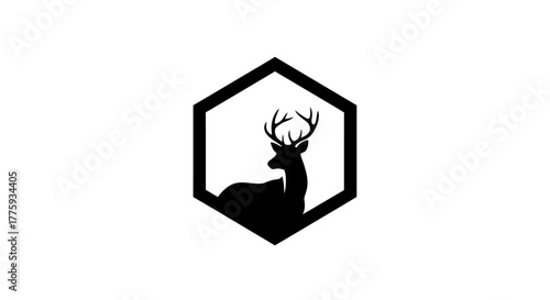 Black silhouette of a deer with antlers in a hexagon shape on a white background.