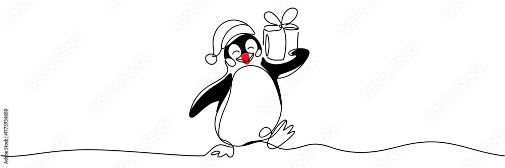 Obraz premium Cute penguin with red nose in Santa hat holding gift, single line drawing with color accents on white background