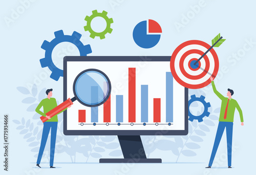 business team working and analyzing data information for business targets planning concept. flat vector illustration design 
