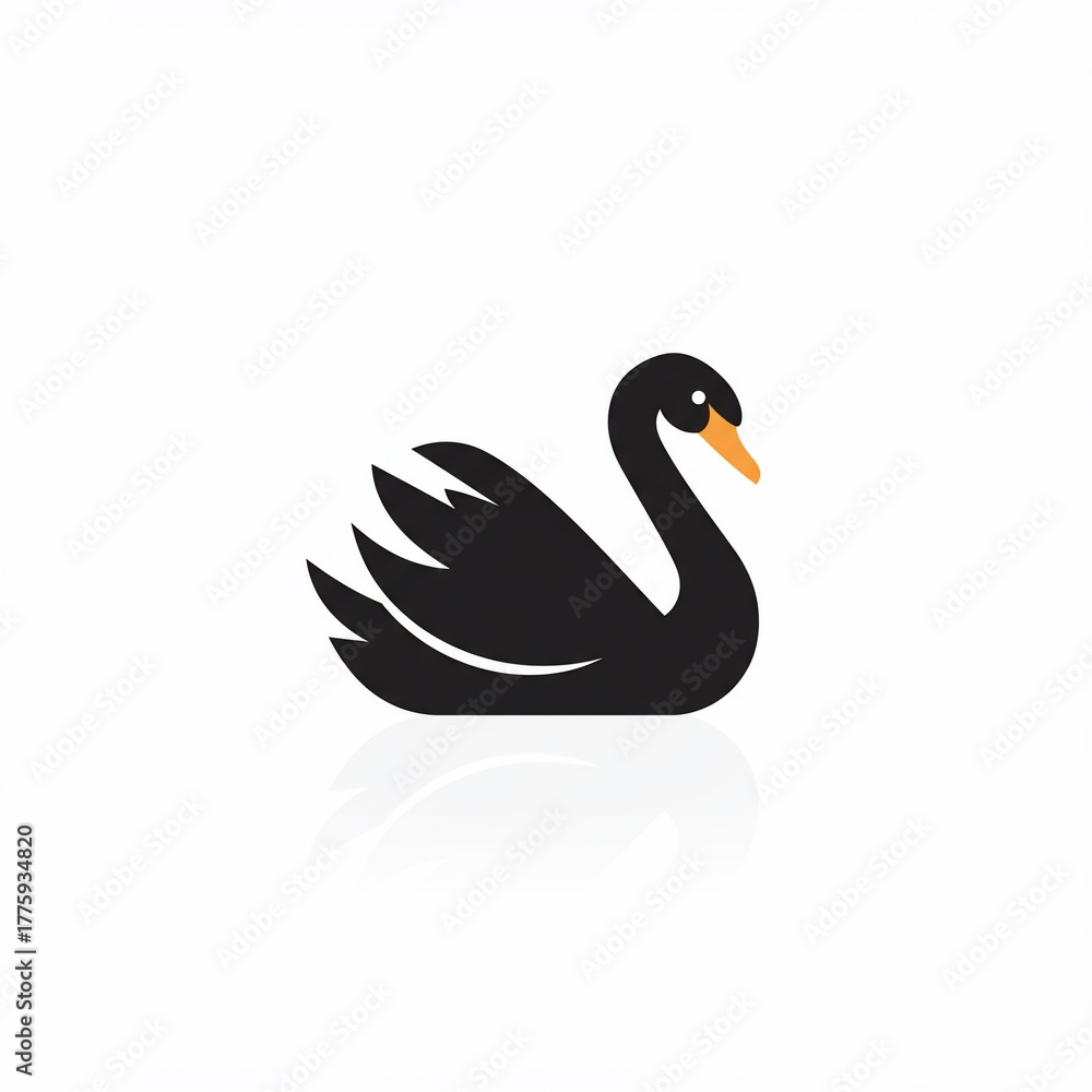 Fototapeta premium A simple, stylized illustration of a black swan with an orange beak, set against a bright white background