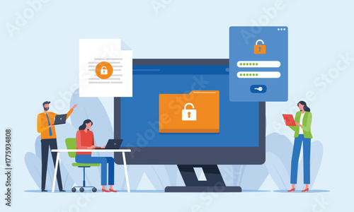 business flat vector illustration design concept data security and server administrator and developer team working together
