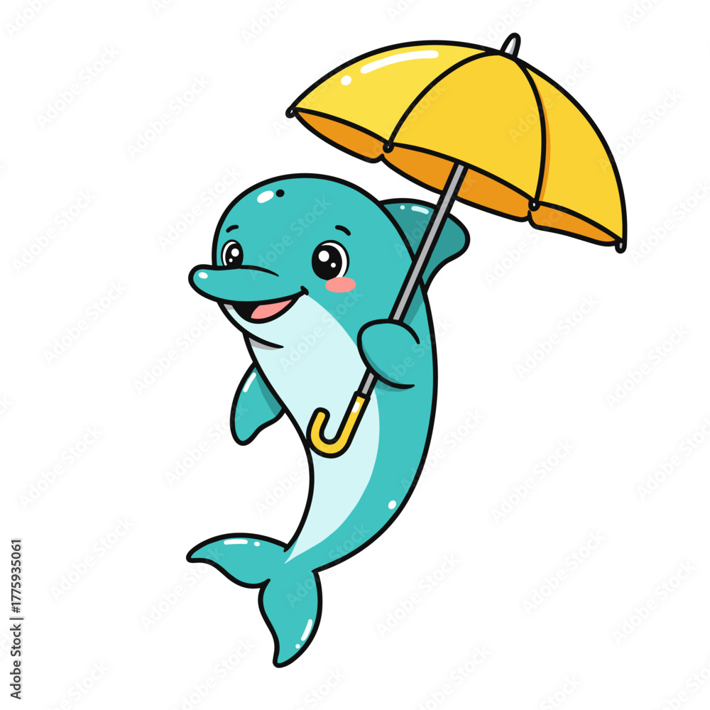 Obraz premium Happy turquoise cartoon dolphin holding a bright yellow umbrella. Isolated vector illustration.