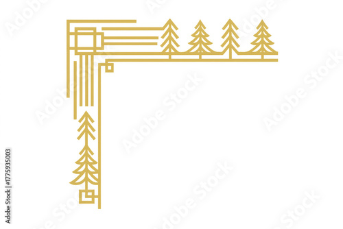 Decorative line art border with geometric trees and abstract corner design, transparent background