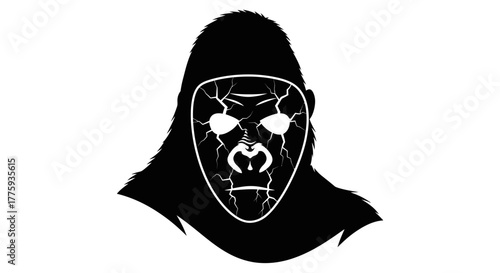 A black silhouette of a gorilla's head with a cracked white mask over its face.