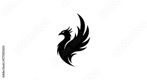 A striking black silhouette of a phoenix with its wings spread upwards against a white background.