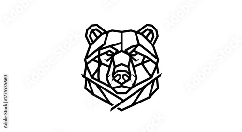 A geometric black and white illustration of a bear's head.