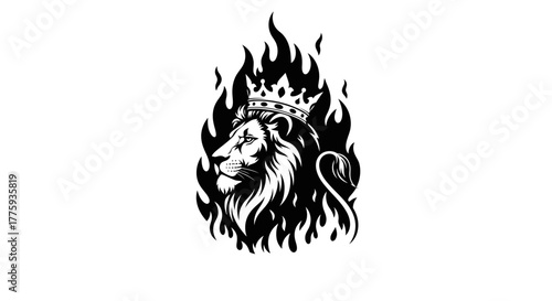 A majestic lion with a crown on its head, surrounded by flames, symbolizing power and royalty.