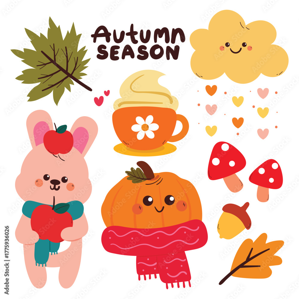 Fototapeta premium cute drawing cartoon bunny with autumn falls drawing and sticker