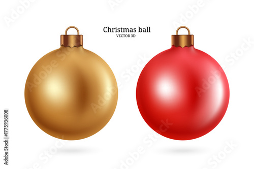 Gold and red balls for Christmas tree decoration or New Year celebration decoration all placed on white isolated background, element vector 3d isolated for advertising design