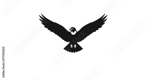 A black silhouette of an osprey with its wings spread wide, captured in flight against a white background.