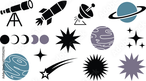 Space Icons Telescope, Rocket, Satellite Dish, Planets, Moon Phases, Stars, and Comet