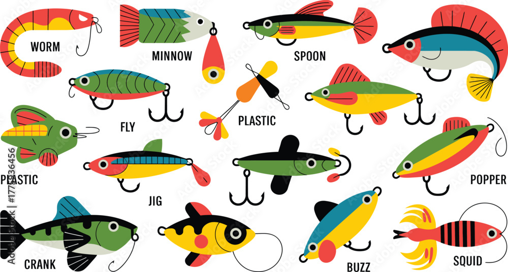 Naklejka premium Variety of Fishing Lures Types Worm, Minnow, Spoon, Fly, Jig, Crank, Buzz, Squid, and Popper Lures