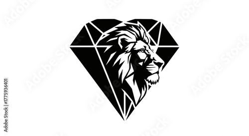 A striking black and white graphic illustration of a lion's head superimposed over a faceted diamond shape.