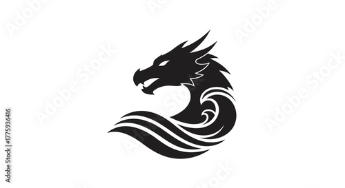 A striking black silhouette of a dragon's head emerging from stylized waves, set against a clean white background.