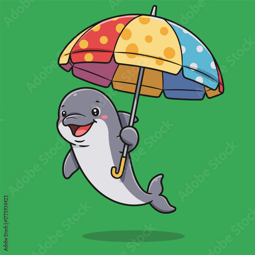 Cute cartoon dolphin smiling happily while holding a large, colorful polka-dot umbrella.