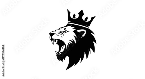A fierce black and white illustration of a lion wearing a crown, roaring with its mouth open.