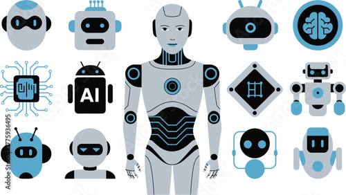 Variety of Robotic Illustrations Humanoid Robot, Android Icon, Circuit Board, and Many Other Bots
