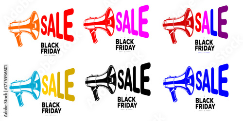 Black Friday sale megaphone icons set, colorful loudspeaker discount banners, retail promotion design, marketing announcement template, vector illustration for online shopping and ecommerce deals