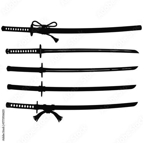Elegant Black Silhouette Set of Traditional Japanese Samurai Swords - Katana, Wakizashi, and Tachi Designs with Tsuka and Saya Details - Authentic Martial Arts Weapon Vector Graphics