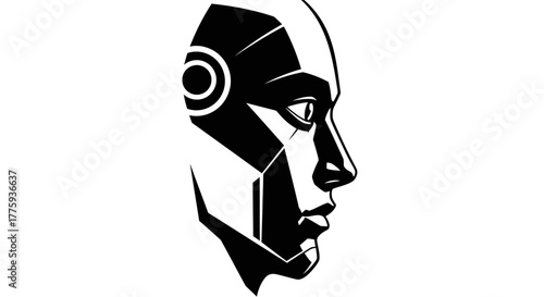 A stark black and white illustration of a robotic head in profile, emphasizing its geometric features and metallic appearance.
