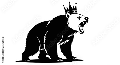 A fierce black bear wearing a crown, depicted in a stylized, graphic illustration.