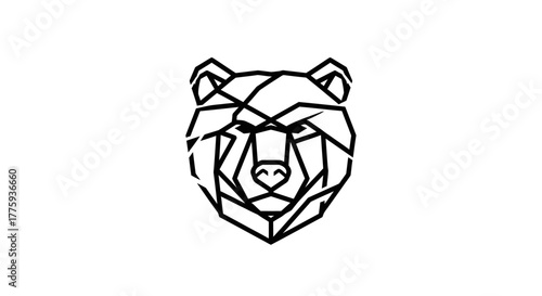 A striking geometric black and white illustration of a bear's head.