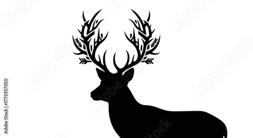 A striking silhouette of a deer with elaborate, branching antlers adorned with arrows.
