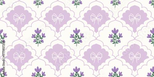 Coquette Floral trellis seamless pattern with bows and ribbons. Preppy spring summer hand drawn flowers. Botanical elegant trendy print. Vintage design for fabric, wallpaper, decor, background, paper