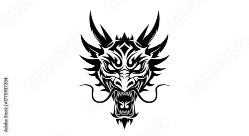 A striking black and white tribal illustration of a fierce dragon head with intricate details and sharp fangs.