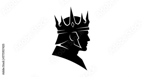 A black silhouette of a king's profile wearing a spiky crown against a white background.