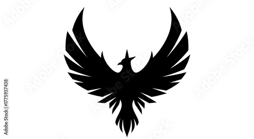 A striking black silhouette of a phoenix with outstretched wings against a white background.