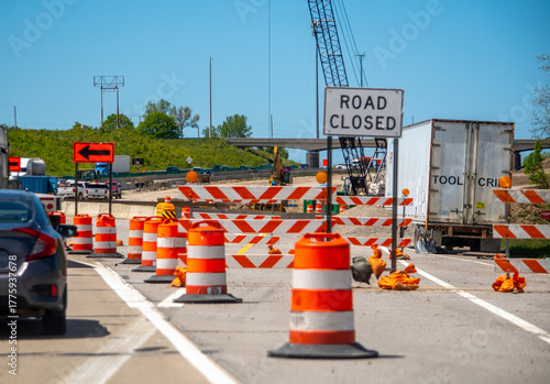Signs show a Road is closed on a  highway during a large construction zone in Michigan USA 