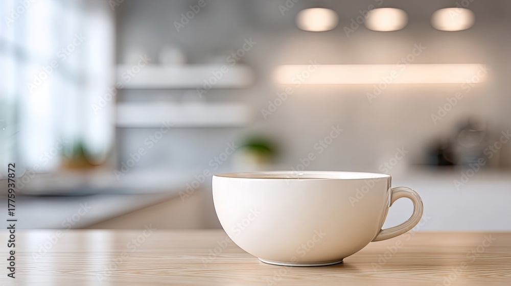 Fototapeta premium Minimalist White Coffee Cup on Wooden Table in Cozy Modern Kitchen with Soft Natural Light and Blurred Background Decor