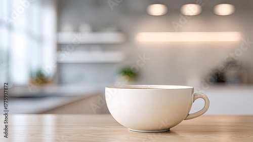 Wallpaper Mural Minimalist White Coffee Cup on Wooden Table in Cozy Modern Kitchen with Soft Natural Light and Blurred Background Decor Torontodigital.ca