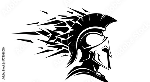 A black and white illustration of a Spartan helmet dissolving into sharp fragments, symbolizing speed and destruction.
