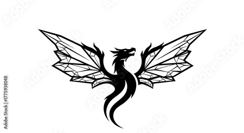 A striking black silhouette of a dragon with geometric, crystalline wings spread wide against a white background.