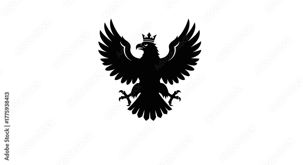 Obraz premium A black silhouette of a crowned eagle with outstretched wings on a white background.