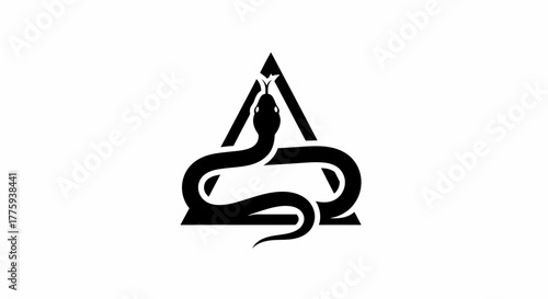 A black snake coiled around a black triangle on a white background.