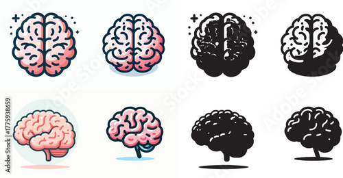 Vector set of images and simple silhouettes of the brain on a white background