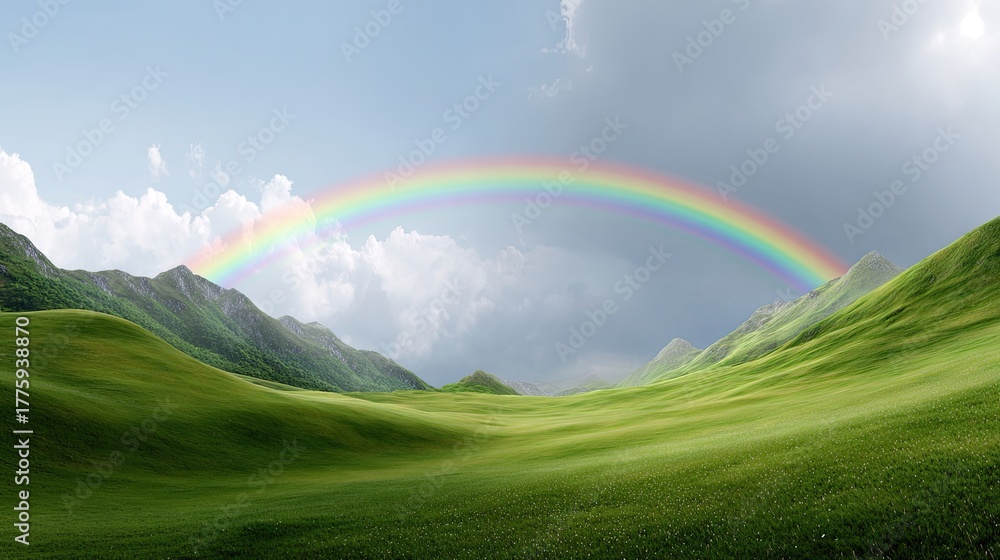 Naklejka premium Lush Green Landscape Under a Vibrant Rainbow with Dramatic Clouds and Majestic Mountains in the Background Capturing Nature's Beauty