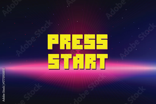 Press start, pixel art, 8-bit game, retro futuristic sci-fi background, glowing neon grid and stars from a vintage arcade computer game.