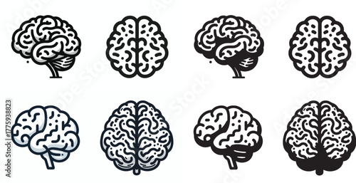 Vector set of images and simple silhouettes of the brain on a white background