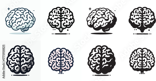 Vector set of images and simple silhouettes of the brain on a white background
