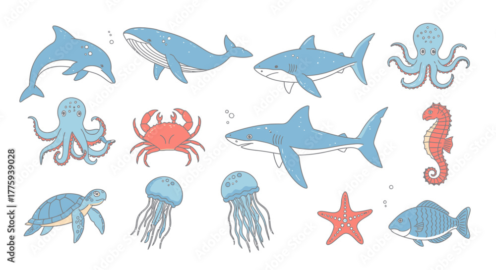 Obraz premium Vector set of cartoon sea animals including fish, shark, dolphin, octopus, turtle, crab, and whale for an underwater nature illustration