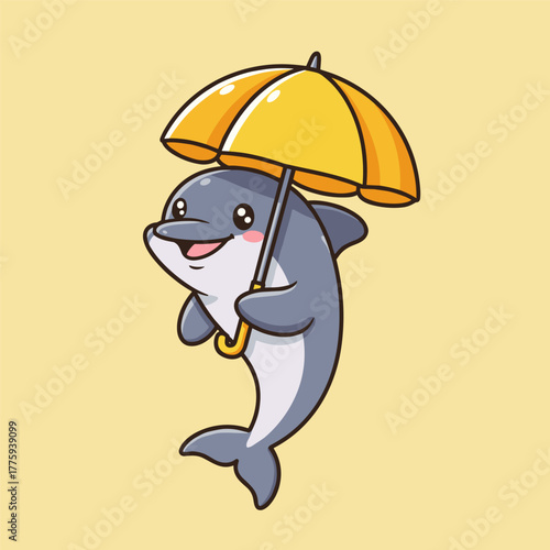 Adorable cartoon dolphin character smiling happily and holding a bright yellow umbrella.