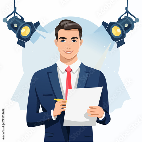 News Presenter in Suit Holding Document and Pen Under Studio Lights – Media and Broadcasting Concept
