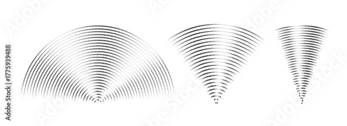 Dotted sound wave signal set. Radial radio or music audio icon collection. Rippled radar vibration element sign bundle. Black dashed curved impulse pack. Echo soundwave symbols. Vector illustration
