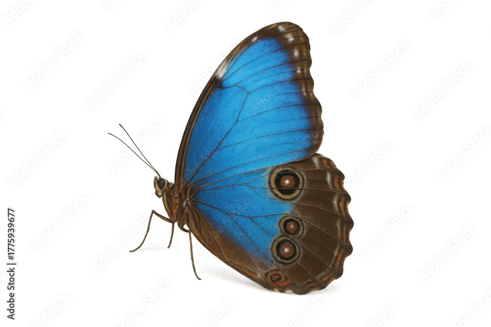 Naklejka premium Blue morpho butterfly showing vibrant iridescent wings and intricate eye-spot patterns on a transparent background
