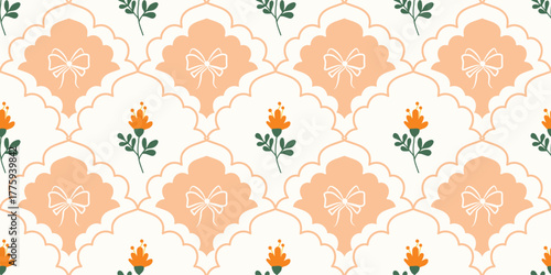 Coquette Floral trellis seamless pattern with bows and ribbons. Preppy spring summer hand drawn flowers. Botanical elegant trendy print. Vintage design for fabric, wallpaper, decor, background, paper